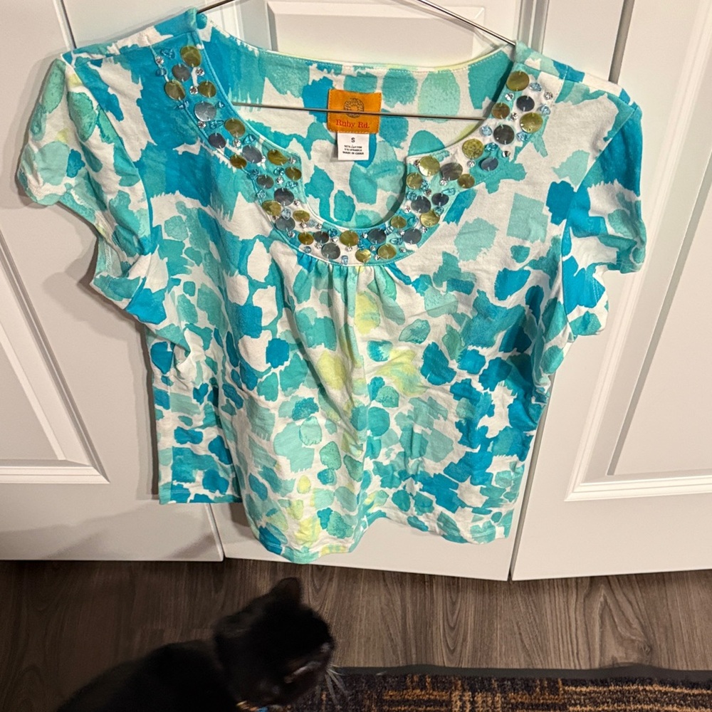 Ruby Rd. Turquoise and White Floral Blouse